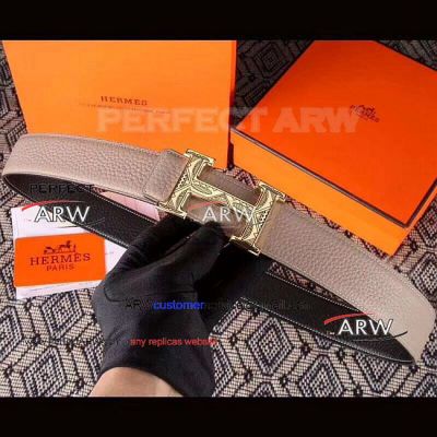 Perfect Replica Hermes Gray Leather Belt With Pattern Gold Buckle